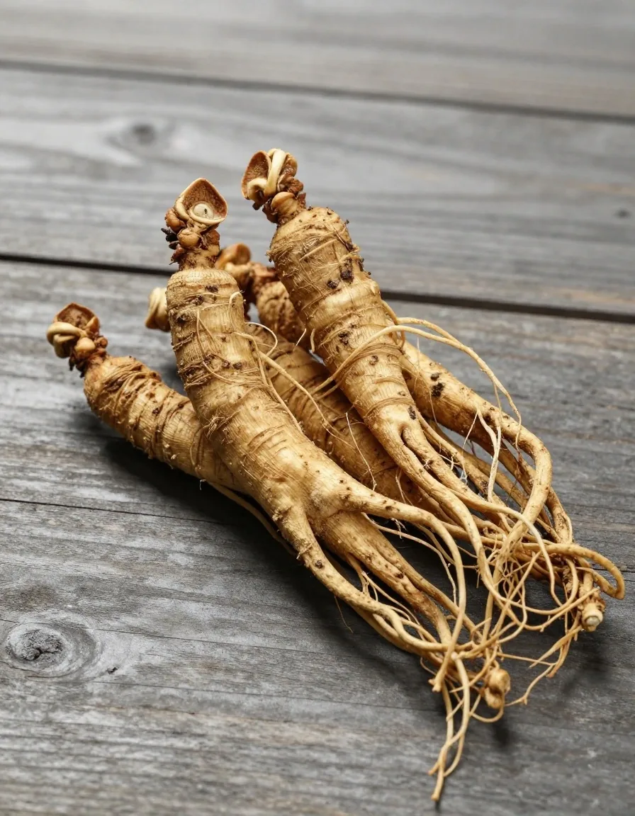 Dried ginseng root specimens on weathered wood