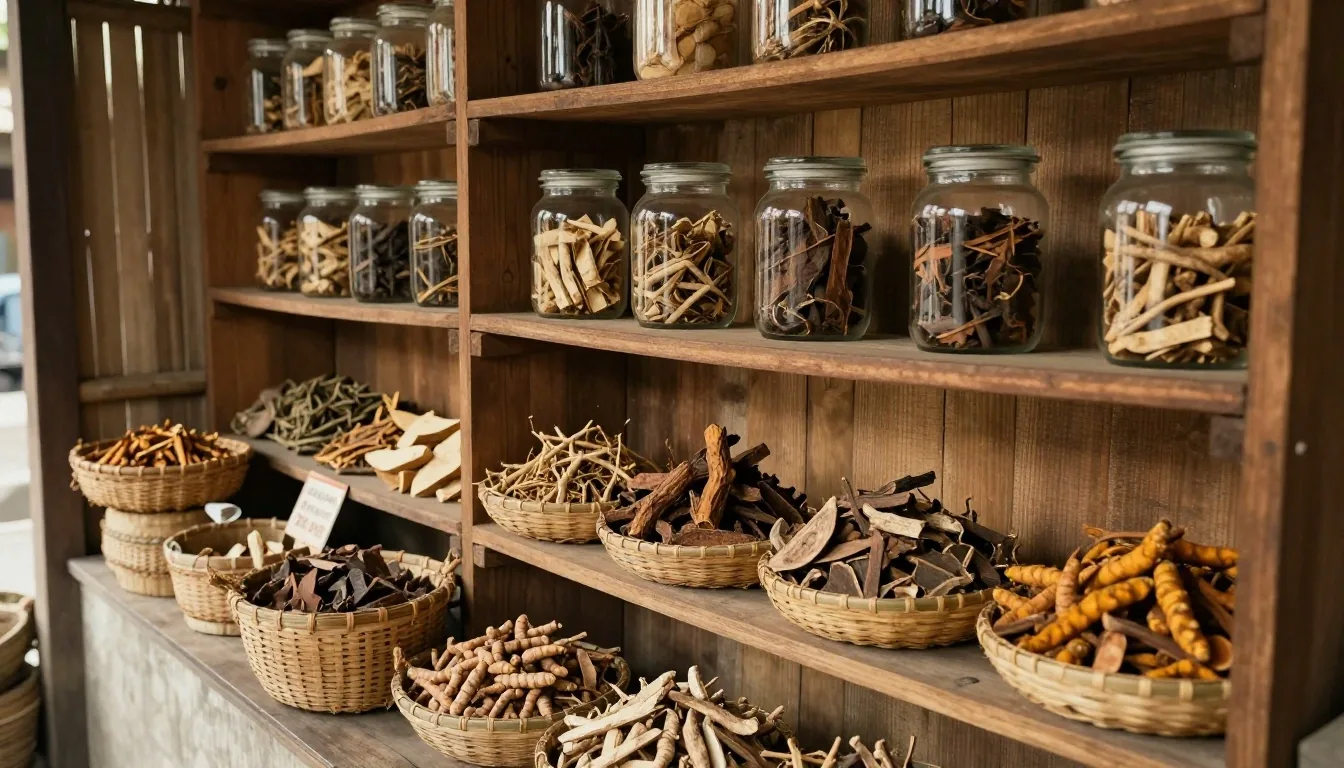 Indonesian health food store interior with botanical ingredient shelves
