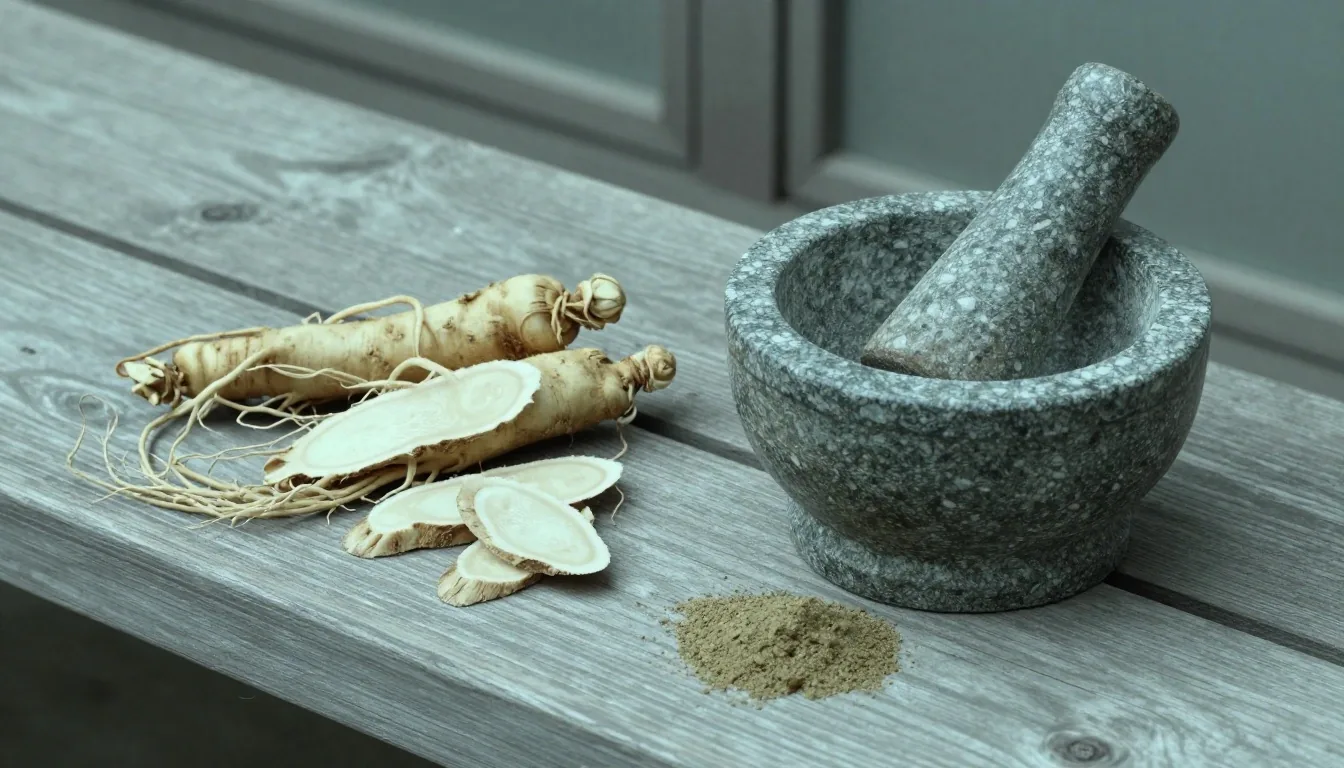Botanical specimens arranged on a weathered wooden bench under zinc light