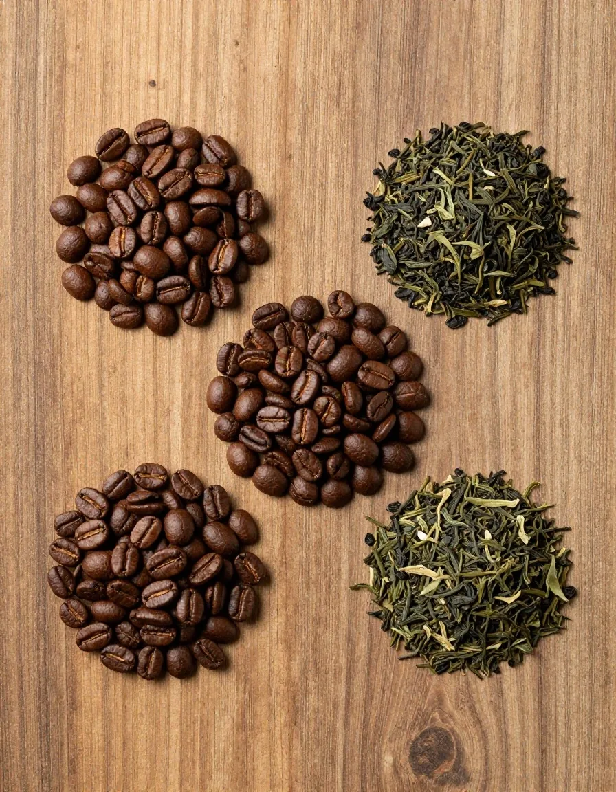 Coffee beans, guarana seeds, and green tea leaves on wood