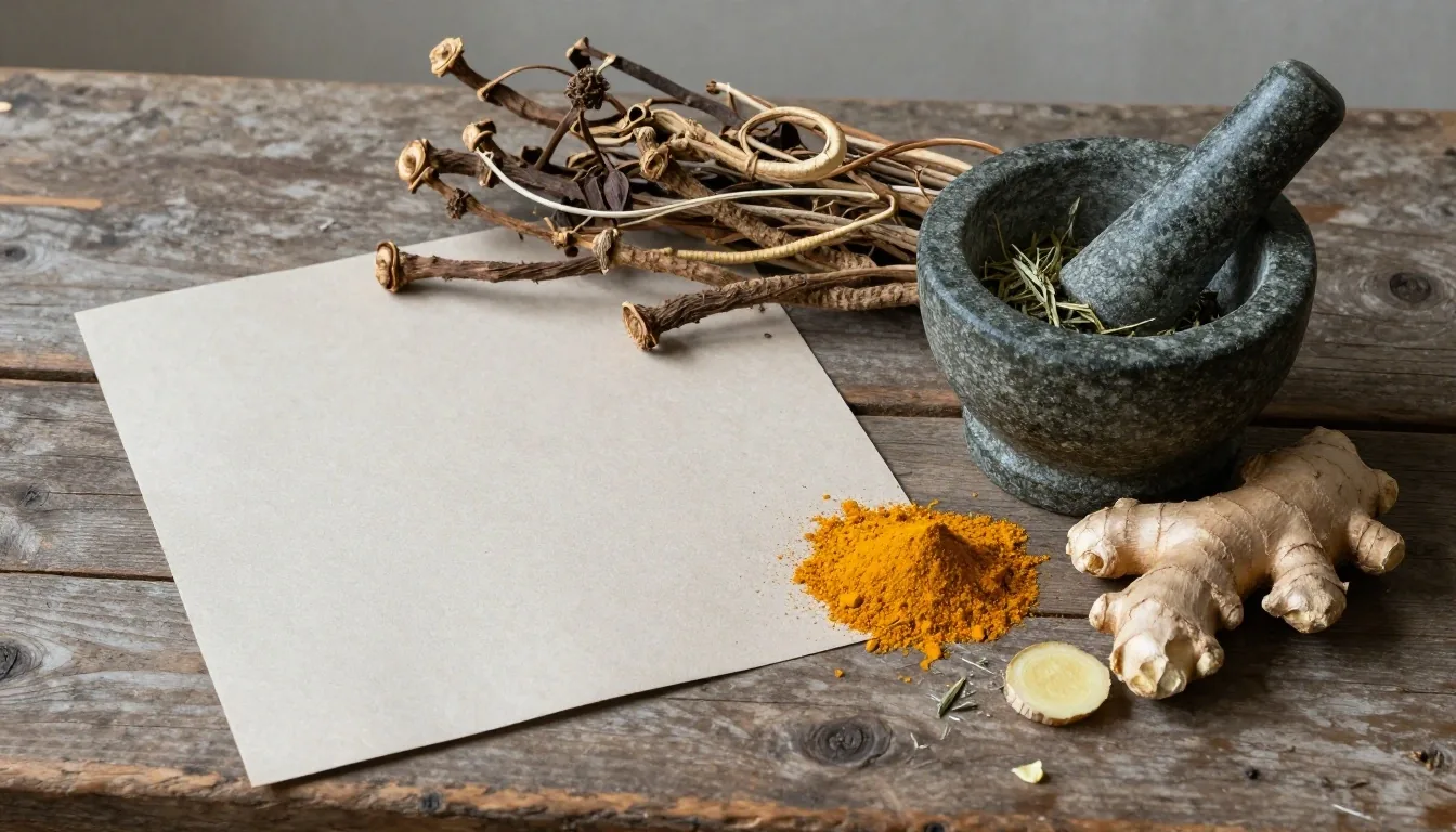 Botanical ingredients on a weathered wooden bench under cool zinc light