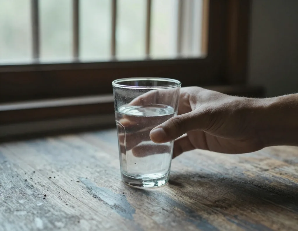 Hand holding a glass of water in morning light