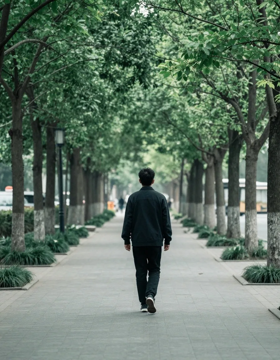 Man walking on a city path in cool morning light