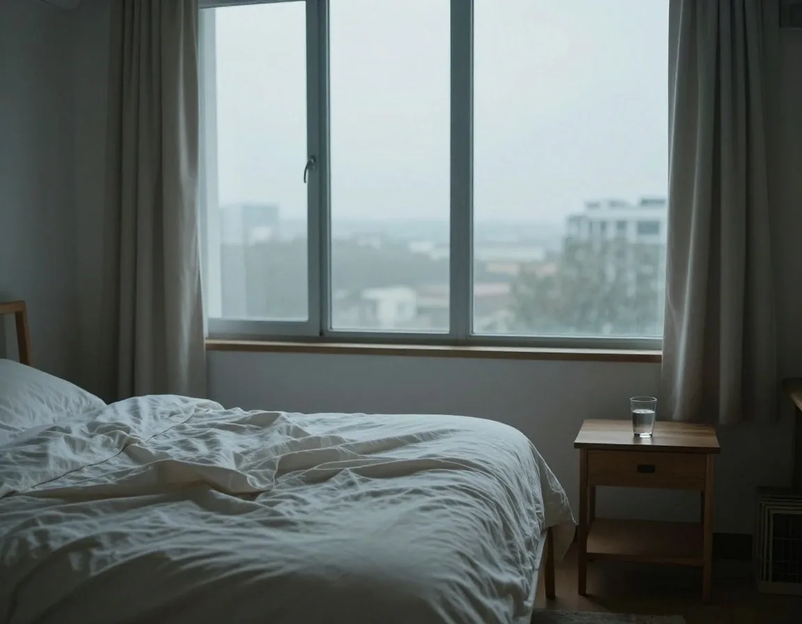 Quiet bedroom in cool morning light
