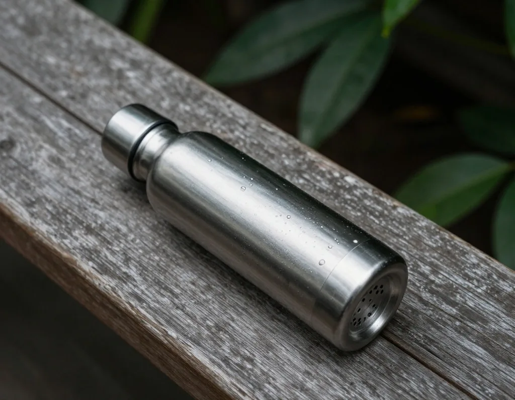 Reusable water bottle on a wooden surface