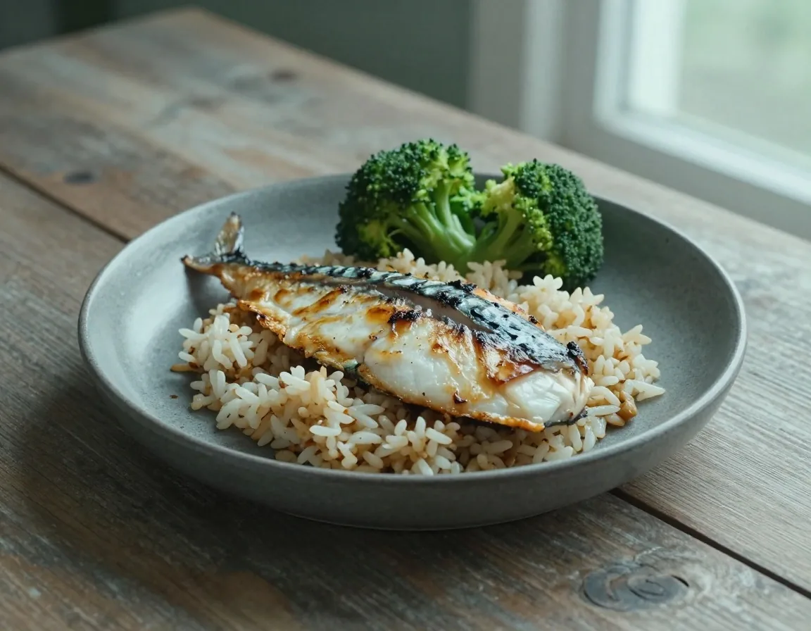 Simple balanced meal of fish, rice, and vegetables on a ceramic plate