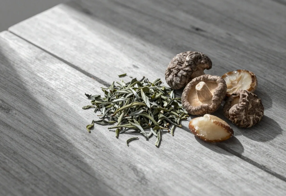 B-vitamin food sources and green tea on wood