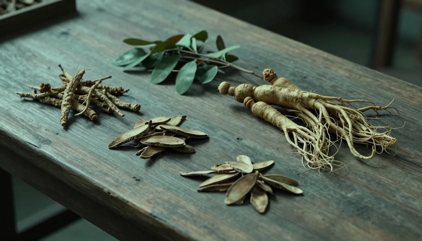 Dried botanical roots on weathered wood