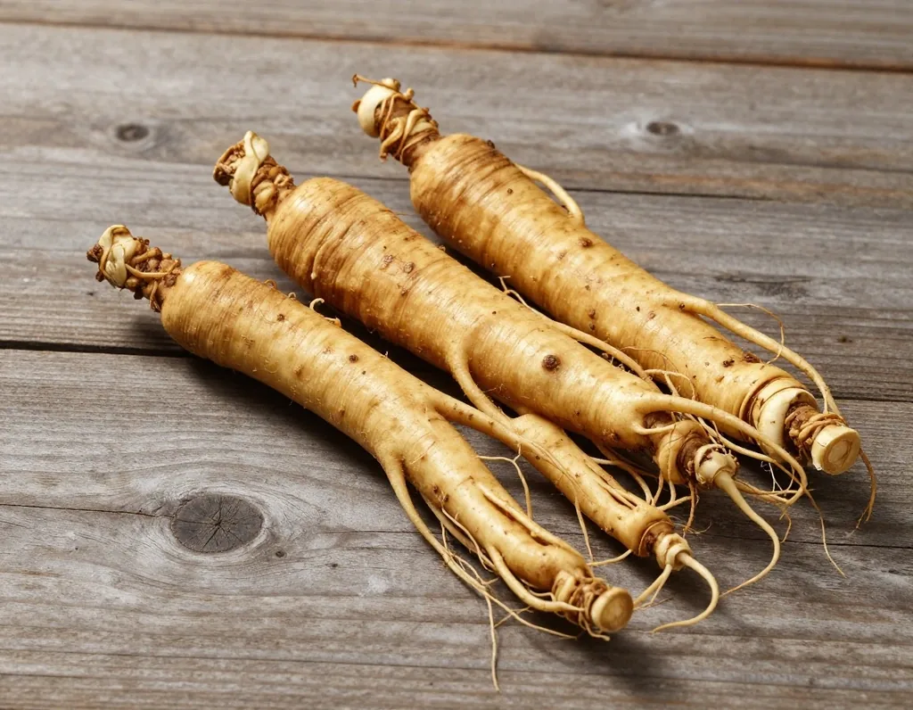 Ginseng roots on weathered wood
