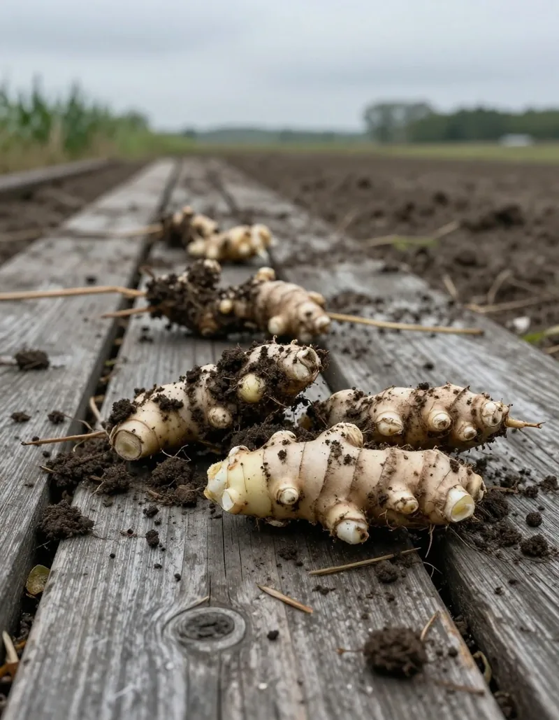 Harvested ginger roots on weathered wood