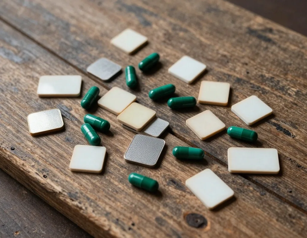 Multivitamin tablets and capsules on wood