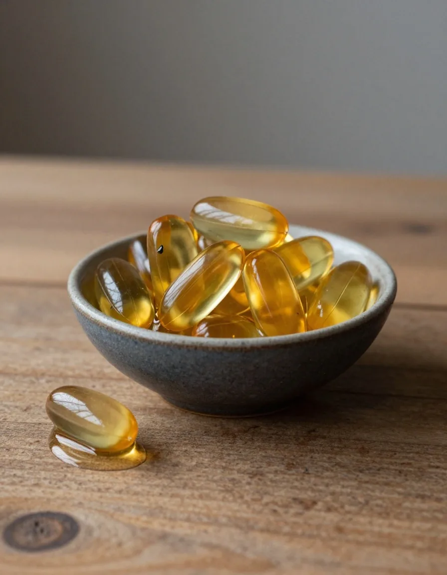 Omega-3 softgels on weathered wood