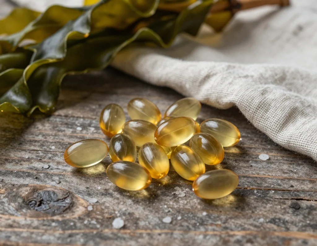 Omega-3 softgels on wood