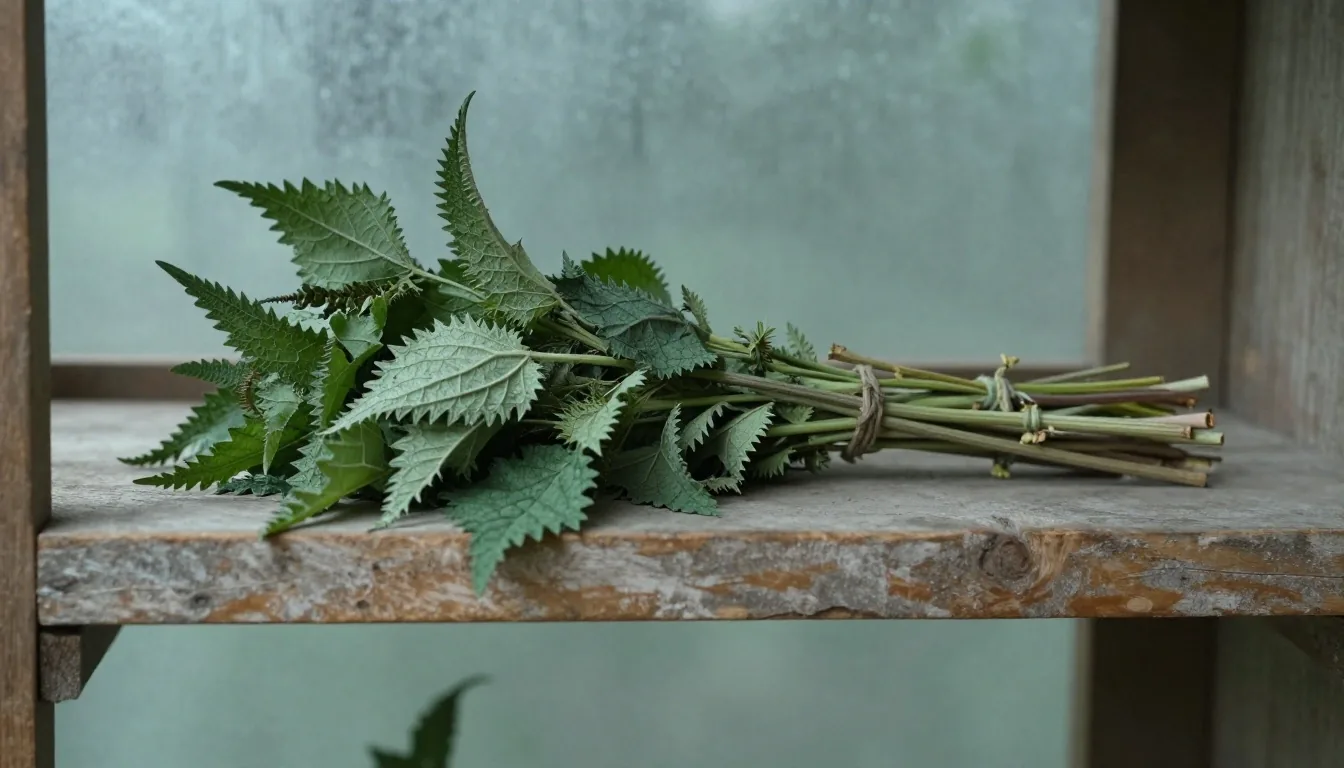Botanical ingredients on a weathered wood bench under cool zinc light
