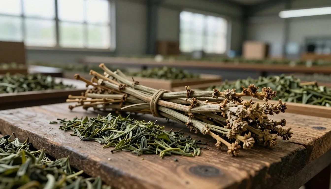Botanical ingredient specimens on weathered wood