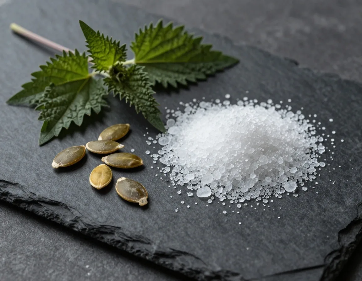 Magnesium powder and botanical ingredients on wood